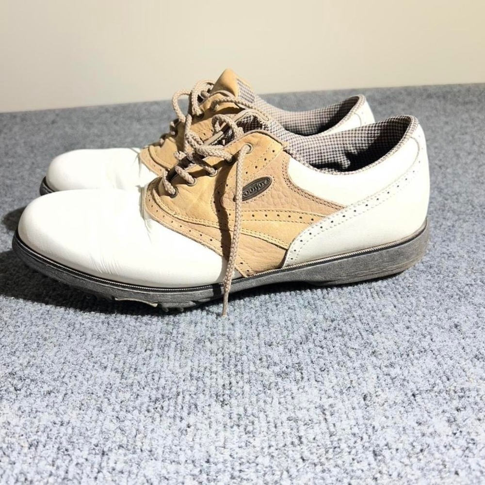FootJoy eComfort Golf Shoes Mens 9M White Tan Saddle Spiked 98308
